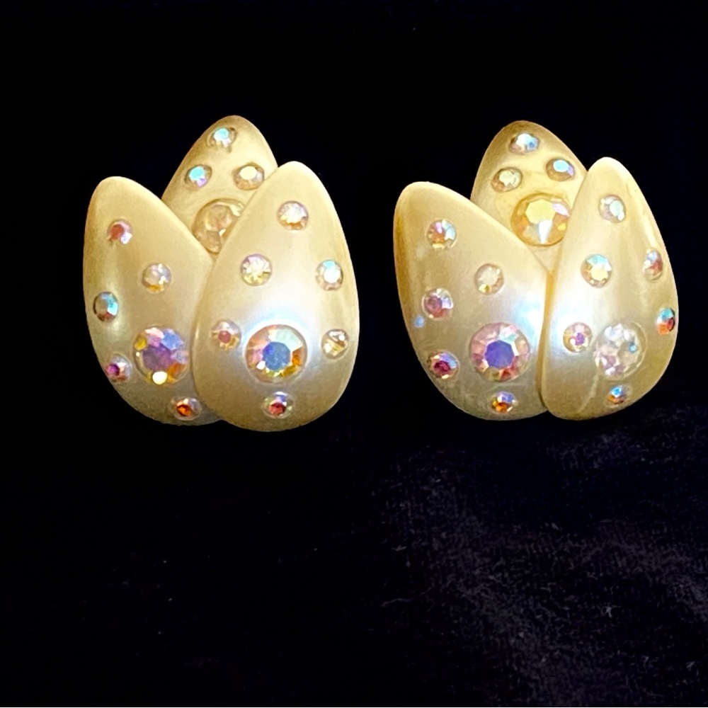 Vintage Clip-on Celluloid Earrings with Aurora Borealis Rhinestones